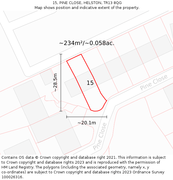 15, PINE CLOSE, HELSTON, TR13 8QG: Plot and title map