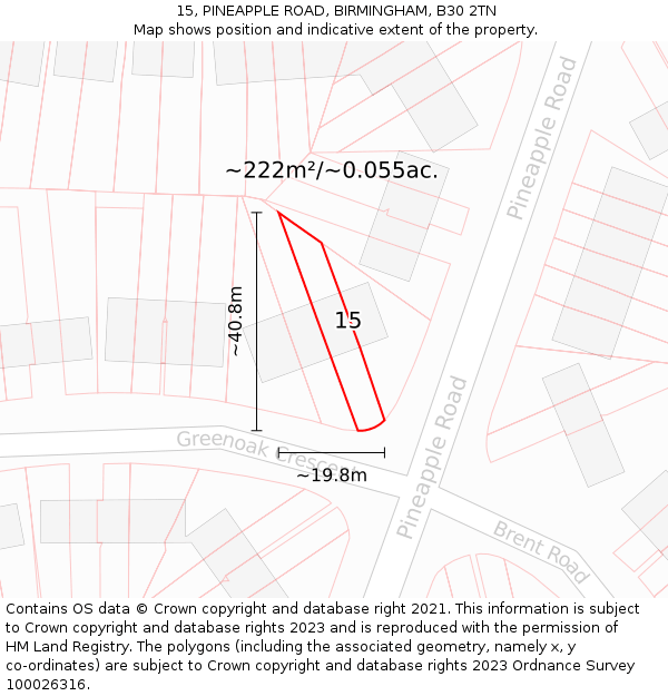 15, PINEAPPLE ROAD, BIRMINGHAM, B30 2TN: Plot and title map