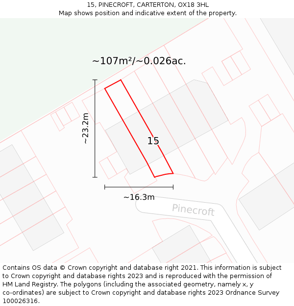 15, PINECROFT, CARTERTON, OX18 3HL: Plot and title map