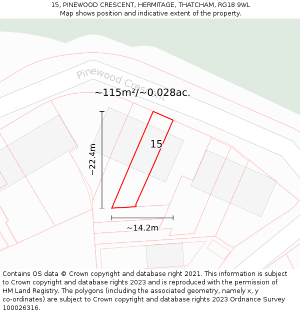 15, PINEWOOD CRESCENT, HERMITAGE, THATCHAM, RG18 9WL: Plot and title map