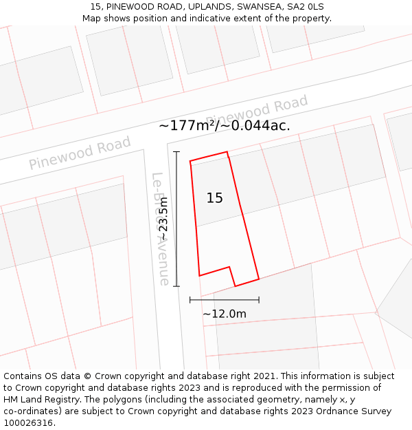 15, PINEWOOD ROAD, UPLANDS, SWANSEA, SA2 0LS: Plot and title map