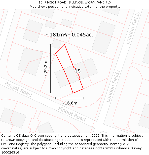 15, PINGOT ROAD, BILLINGE, WIGAN, WN5 7LX: Plot and title map