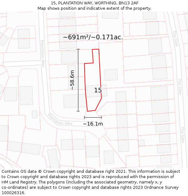 15, PLANTATION WAY, WORTHING, BN13 2AF: Plot and title map