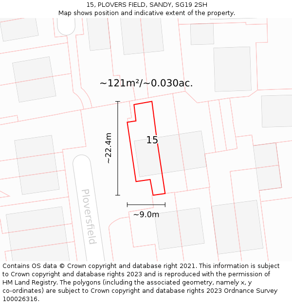 15, PLOVERS FIELD, SANDY, SG19 2SH: Plot and title map