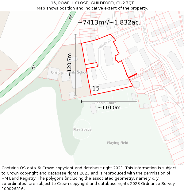 15, POWELL CLOSE, GUILDFORD, GU2 7QT: Plot and title map
