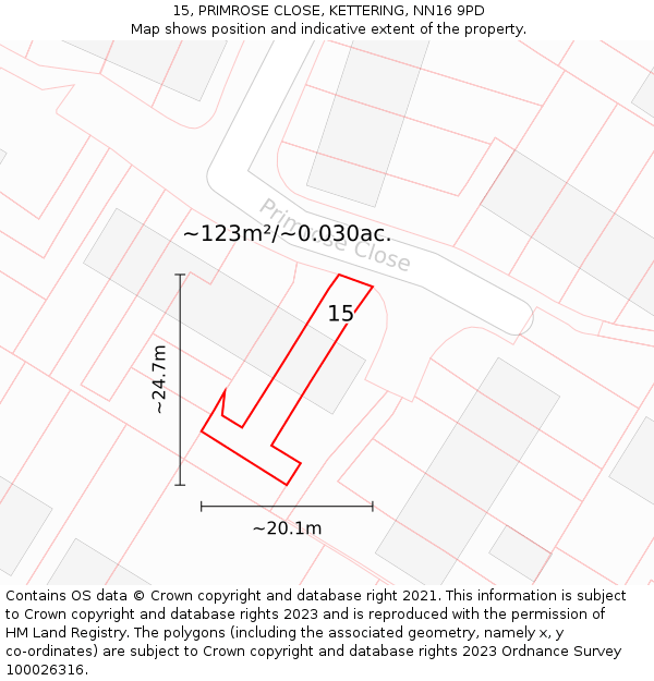 15, PRIMROSE CLOSE, KETTERING, NN16 9PD: Plot and title map