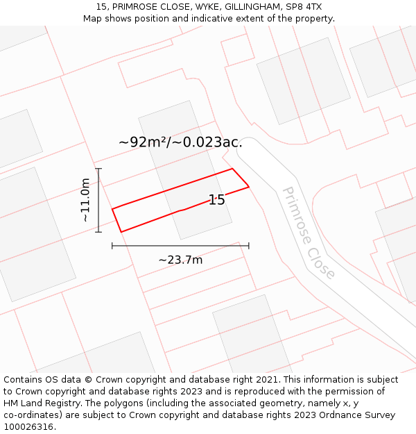 15, PRIMROSE CLOSE, WYKE, GILLINGHAM, SP8 4TX: Plot and title map