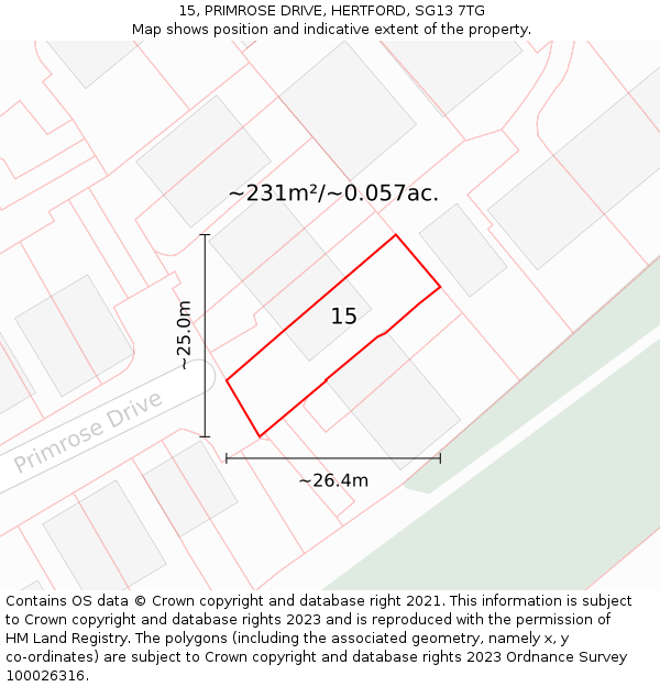 15, PRIMROSE DRIVE, HERTFORD, SG13 7TG: Plot and title map
