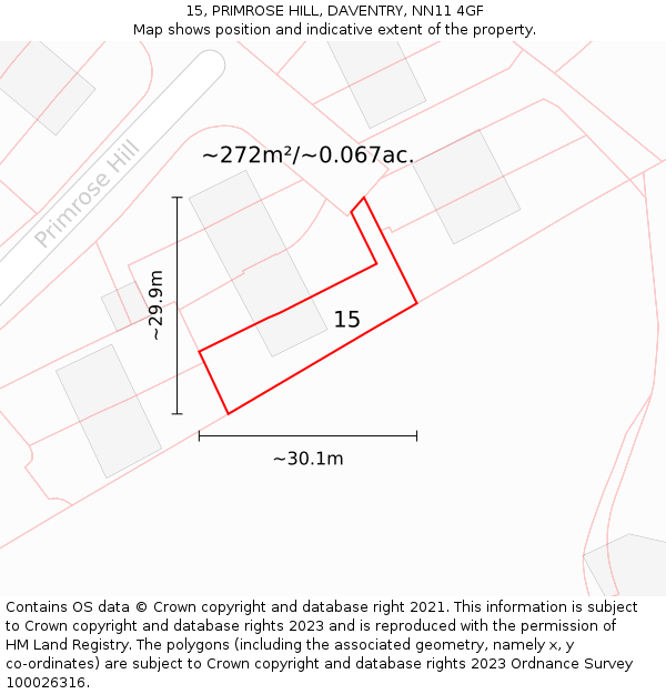 15, PRIMROSE HILL, DAVENTRY, NN11 4GF: Plot and title map