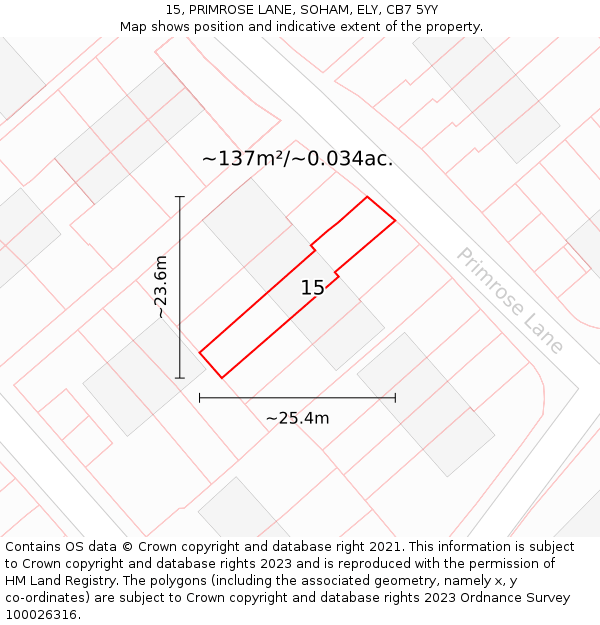 15, PRIMROSE LANE, SOHAM, ELY, CB7 5YY: Plot and title map