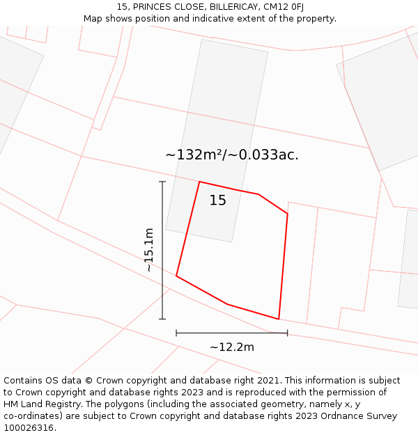 15, PRINCES CLOSE, BILLERICAY, CM12 0FJ: Plot and title map