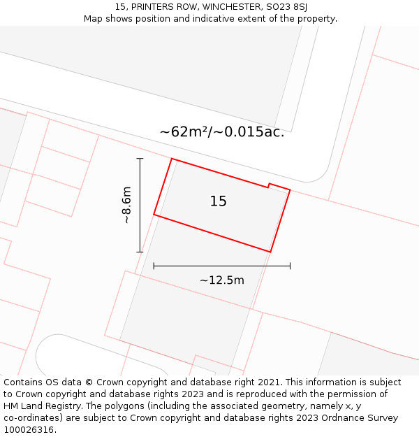 15, PRINTERS ROW, WINCHESTER, SO23 8SJ: Plot and title map