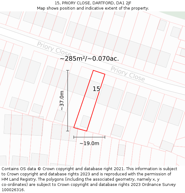 15, PRIORY CLOSE, DARTFORD, DA1 2JF: Plot and title map