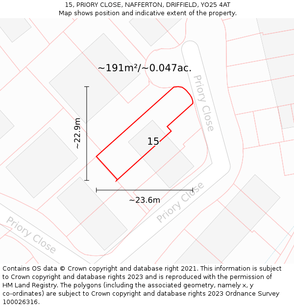 15, PRIORY CLOSE, NAFFERTON, DRIFFIELD, YO25 4AT: Plot and title map