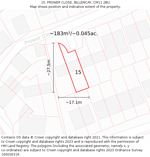 15, PROWER CLOSE, BILLERICAY, CM11 2BU: Plot and title map