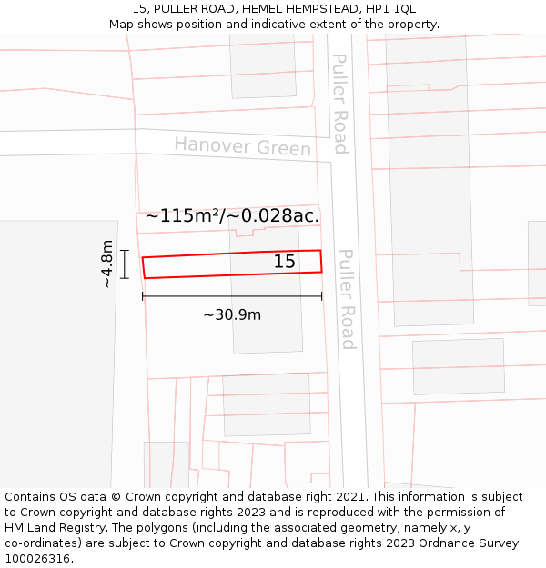 15, PULLER ROAD, HEMEL HEMPSTEAD, HP1 1QL: Plot and title map