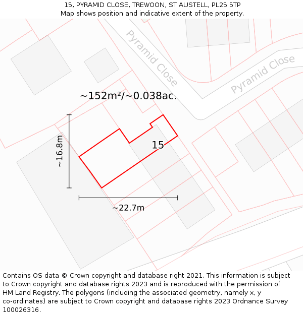 15, PYRAMID CLOSE, TREWOON, ST AUSTELL, PL25 5TP: Plot and title map