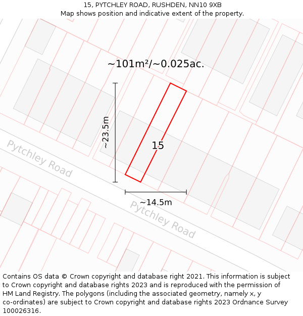 15, PYTCHLEY ROAD, RUSHDEN, NN10 9XB: Plot and title map