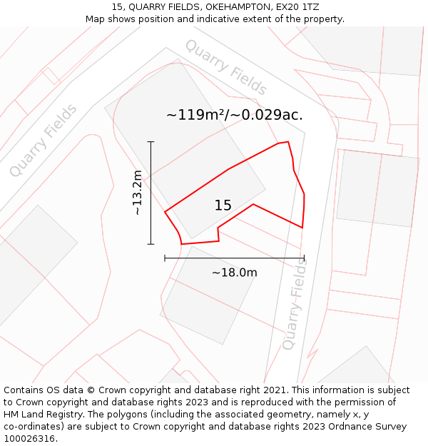 15, QUARRY FIELDS, OKEHAMPTON, EX20 1TZ: Plot and title map
