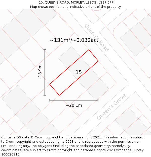15, QUEENS ROAD, MORLEY, LEEDS, LS27 0PF: Plot and title map