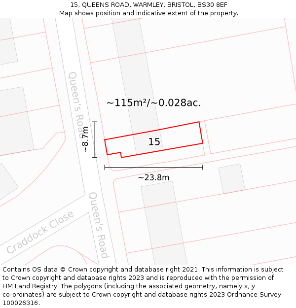 15, QUEENS ROAD, WARMLEY, BRISTOL, BS30 8EF: Plot and title map