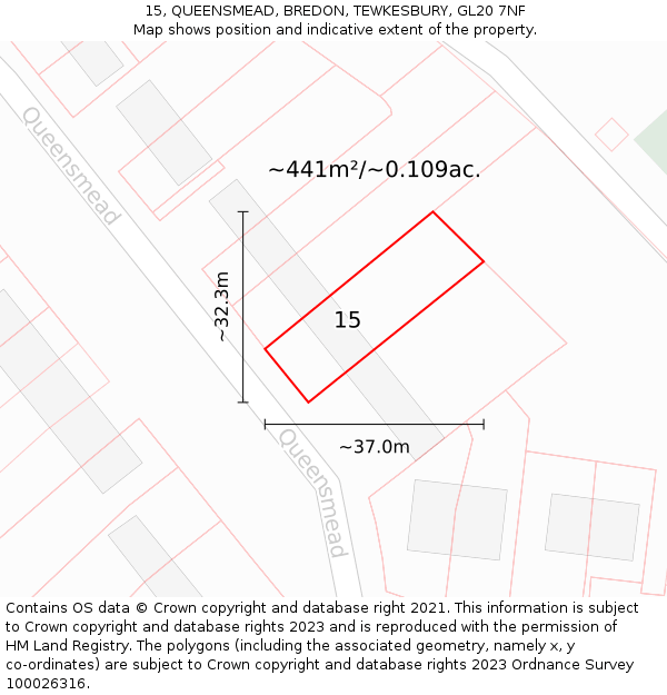 15, QUEENSMEAD, BREDON, TEWKESBURY, GL20 7NF: Plot and title map