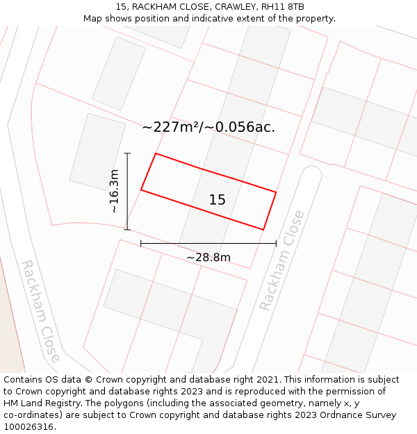 15, RACKHAM CLOSE, CRAWLEY, RH11 8TB: Plot and title map