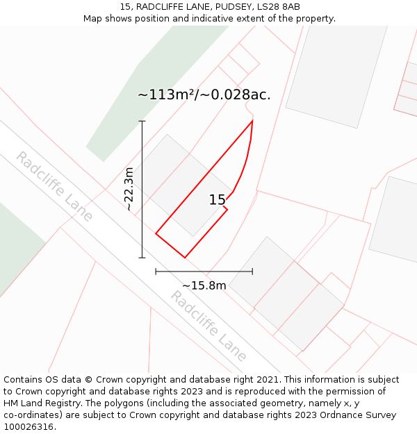 15, RADCLIFFE LANE, PUDSEY, LS28 8AB: Plot and title map