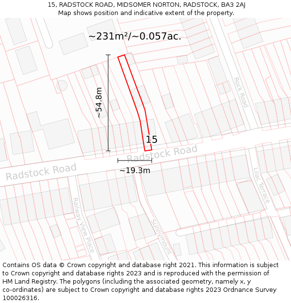 15, RADSTOCK ROAD, MIDSOMER NORTON, RADSTOCK, BA3 2AJ: Plot and title map