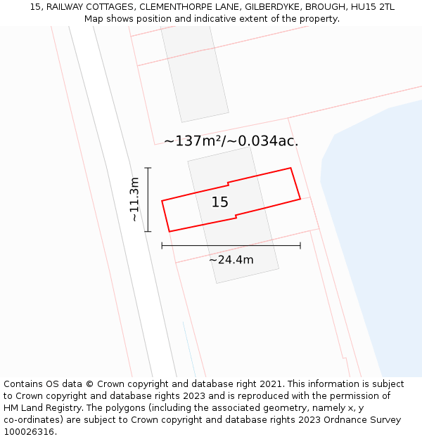 15, RAILWAY COTTAGES, CLEMENTHORPE LANE, GILBERDYKE, BROUGH, HU15 2TL: Plot and title map
