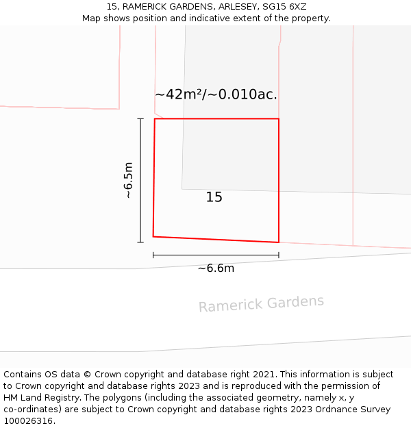 15, RAMERICK GARDENS, ARLESEY, SG15 6XZ: Plot and title map