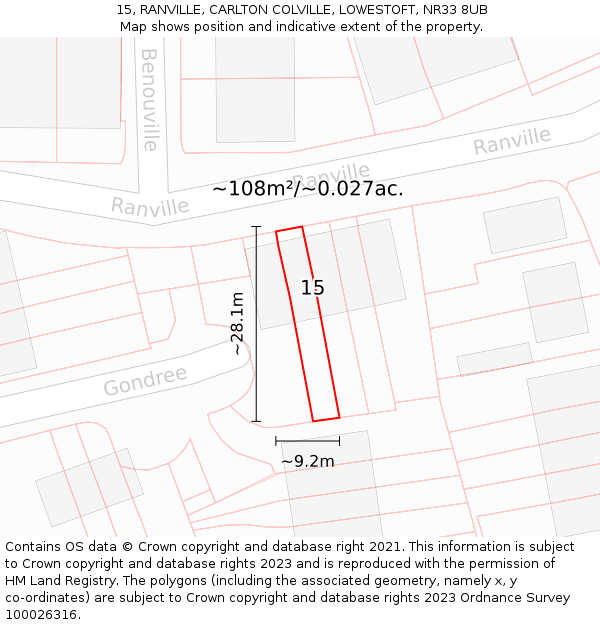 15, RANVILLE, CARLTON COLVILLE, LOWESTOFT, NR33 8UB: Plot and title map