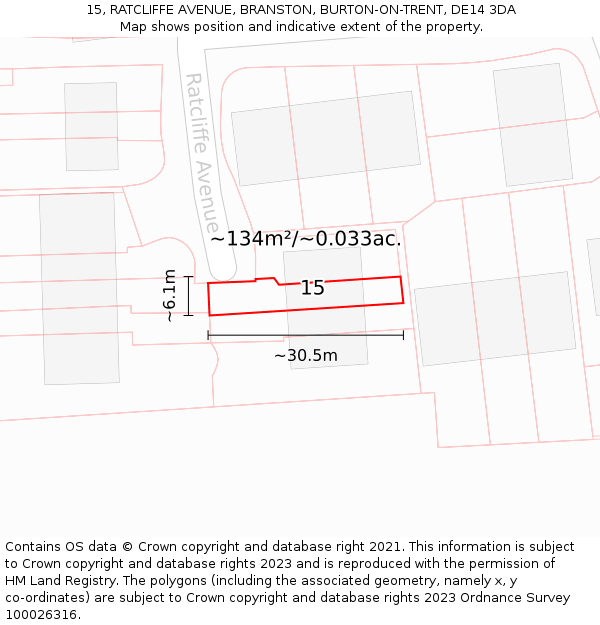 15, RATCLIFFE AVENUE, BRANSTON, BURTON-ON-TRENT, DE14 3DA: Plot and title map