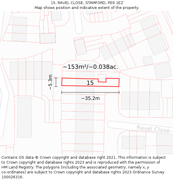 15, RAVEL CLOSE, STAMFORD, PE9 1EZ: Plot and title map