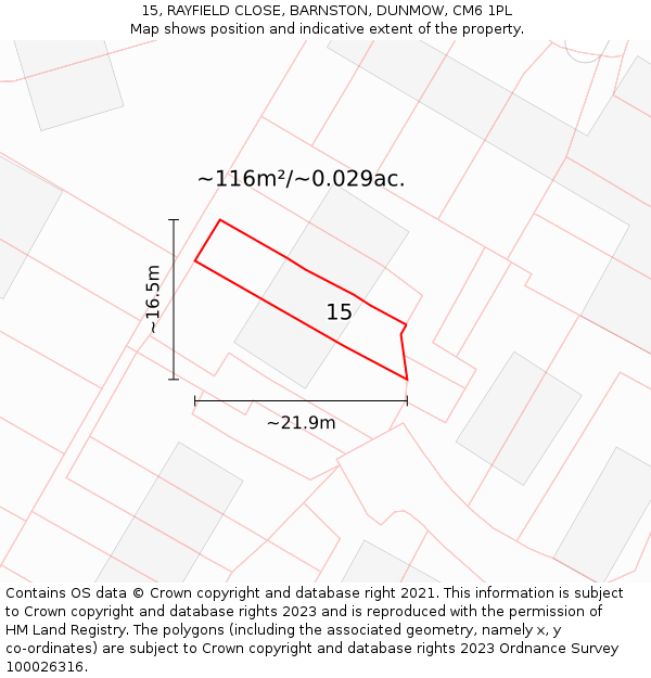 15, RAYFIELD CLOSE, BARNSTON, DUNMOW, CM6 1PL: Plot and title map