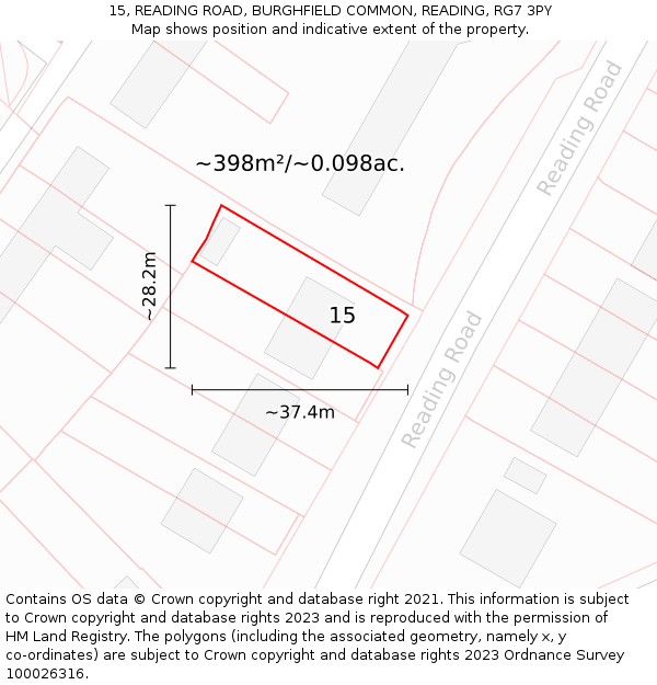 15, READING ROAD, BURGHFIELD COMMON, READING, RG7 3PY: Plot and title map