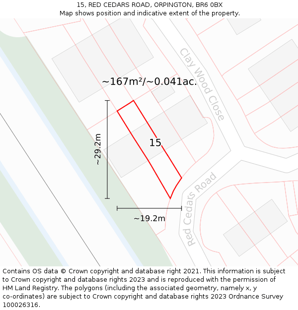 15, RED CEDARS ROAD, ORPINGTON, BR6 0BX: Plot and title map