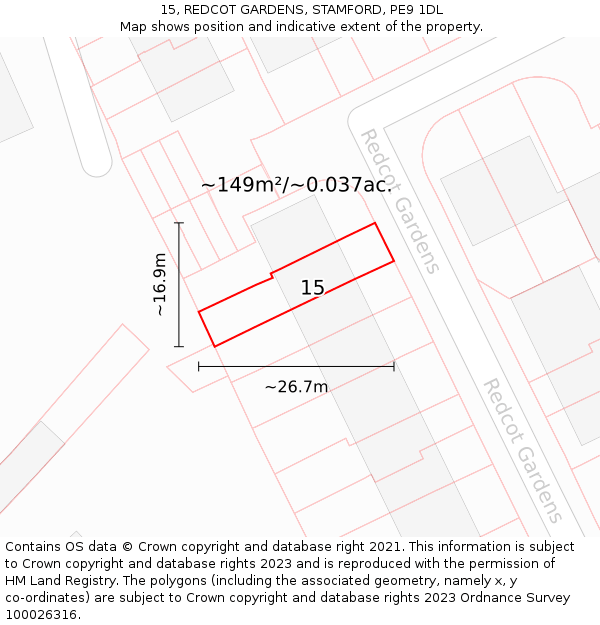 15, REDCOT GARDENS, STAMFORD, PE9 1DL: Plot and title map