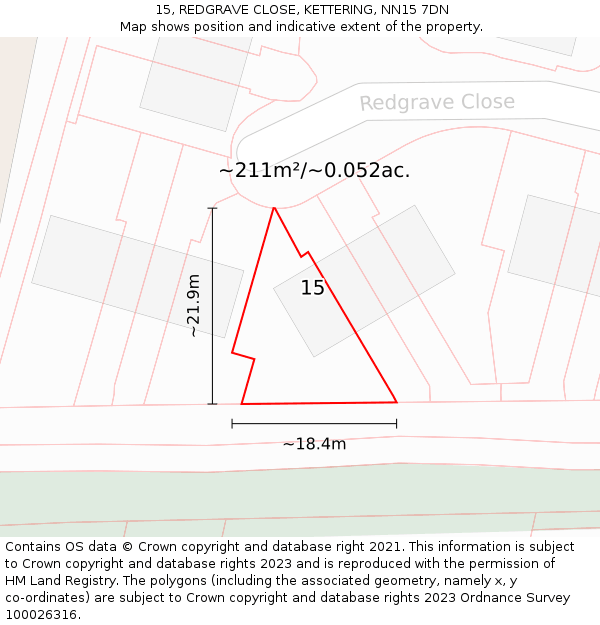 15, REDGRAVE CLOSE, KETTERING, NN15 7DN: Plot and title map