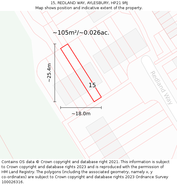 15, REDLAND WAY, AYLESBURY, HP21 9RJ: Plot and title map