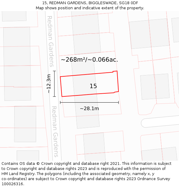 15, REDMAN GARDENS, BIGGLESWADE, SG18 0DF: Plot and title map