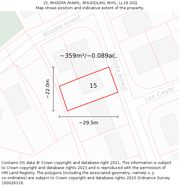 15, RHODFA ANWYL, RHUDDLAN, RHYL, LL18 2SQ: Plot and title map