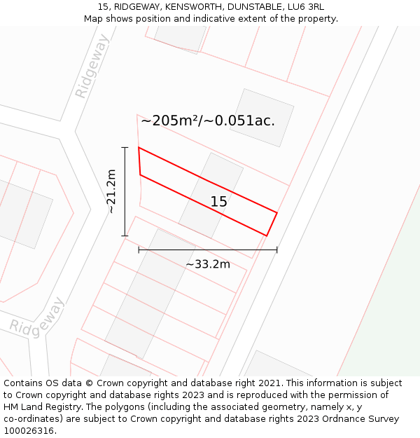 15, RIDGEWAY, KENSWORTH, DUNSTABLE, LU6 3RL: Plot and title map