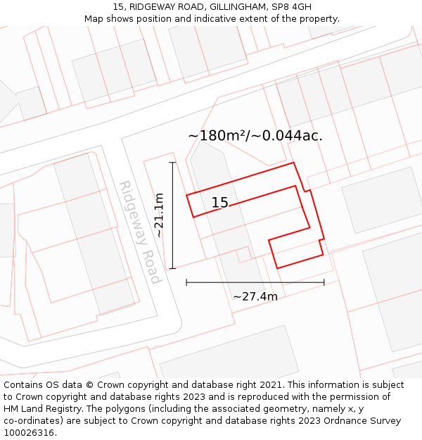 15, RIDGEWAY ROAD, GILLINGHAM, SP8 4GH: Plot and title map