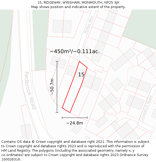 15, RIDGEWAY, WYESHAM, MONMOUTH, NP25 3JX: Plot and title map