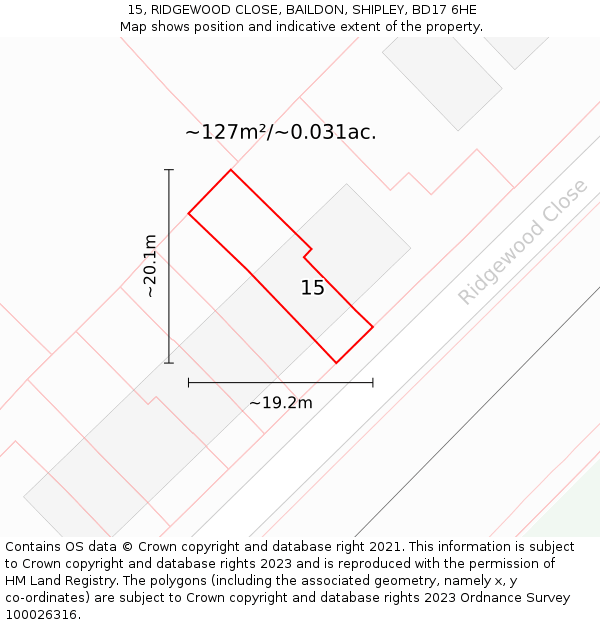 15, RIDGEWOOD CLOSE, BAILDON, SHIPLEY, BD17 6HE: Plot and title map