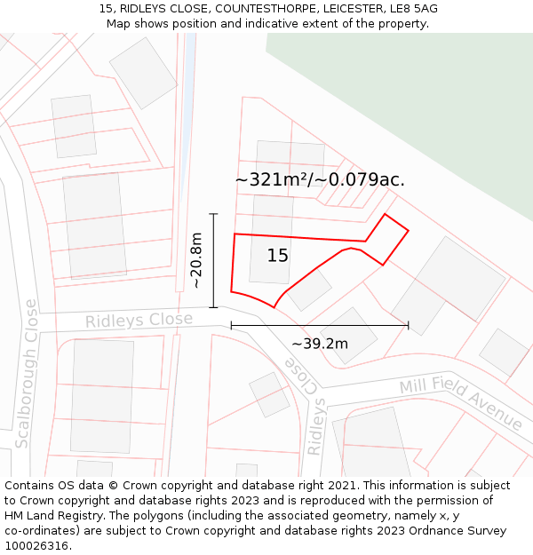 15, RIDLEYS CLOSE, COUNTESTHORPE, LEICESTER, LE8 5AG: Plot and title map