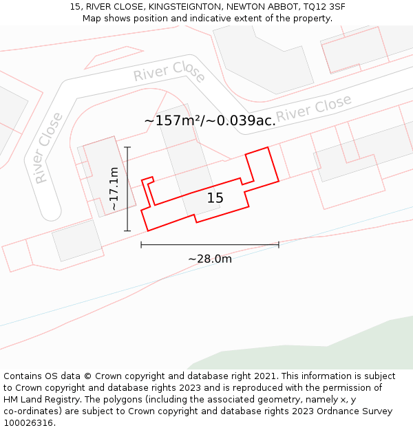 15, RIVER CLOSE, KINGSTEIGNTON, NEWTON ABBOT, TQ12 3SF: Plot and title map