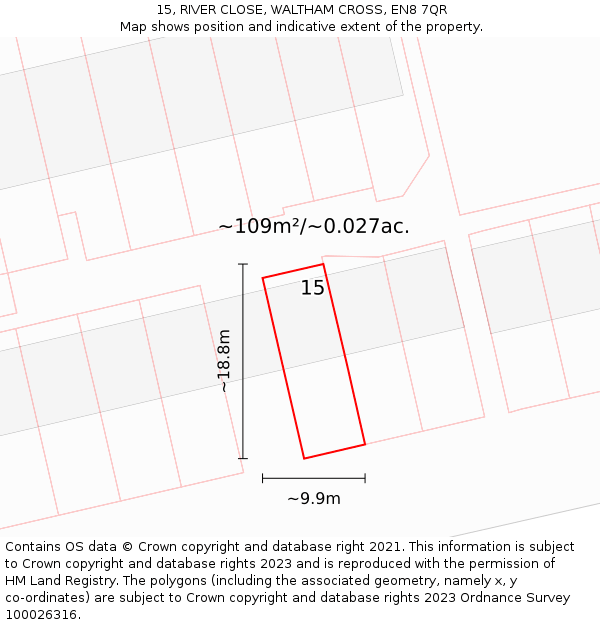 15, RIVER CLOSE, WALTHAM CROSS, EN8 7QR: Plot and title map