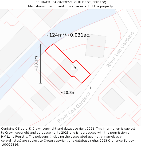 15, RIVER LEA GARDENS, CLITHEROE, BB7 1QQ: Plot and title map